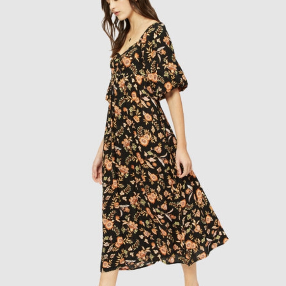 Floral Balloon Sleeve Midi Dress